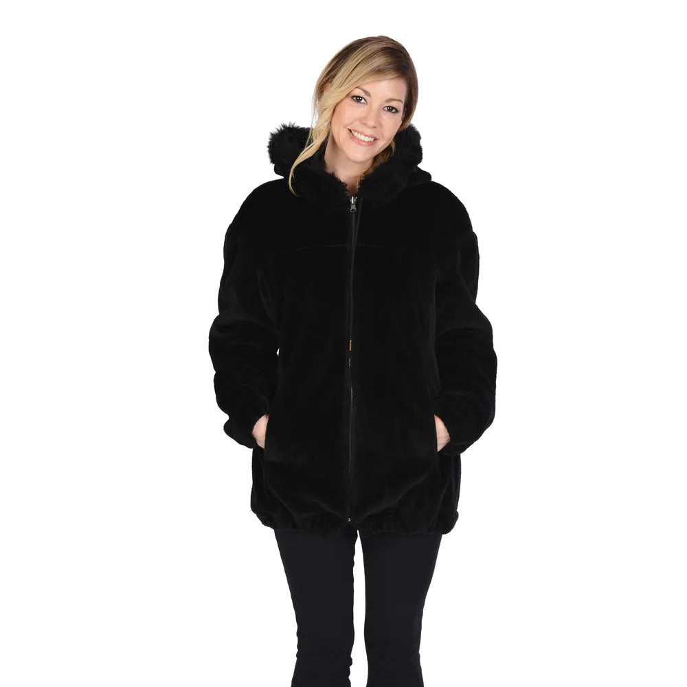 Women's Reversible Car Coat with Faux Fur and Faux Leather Leather