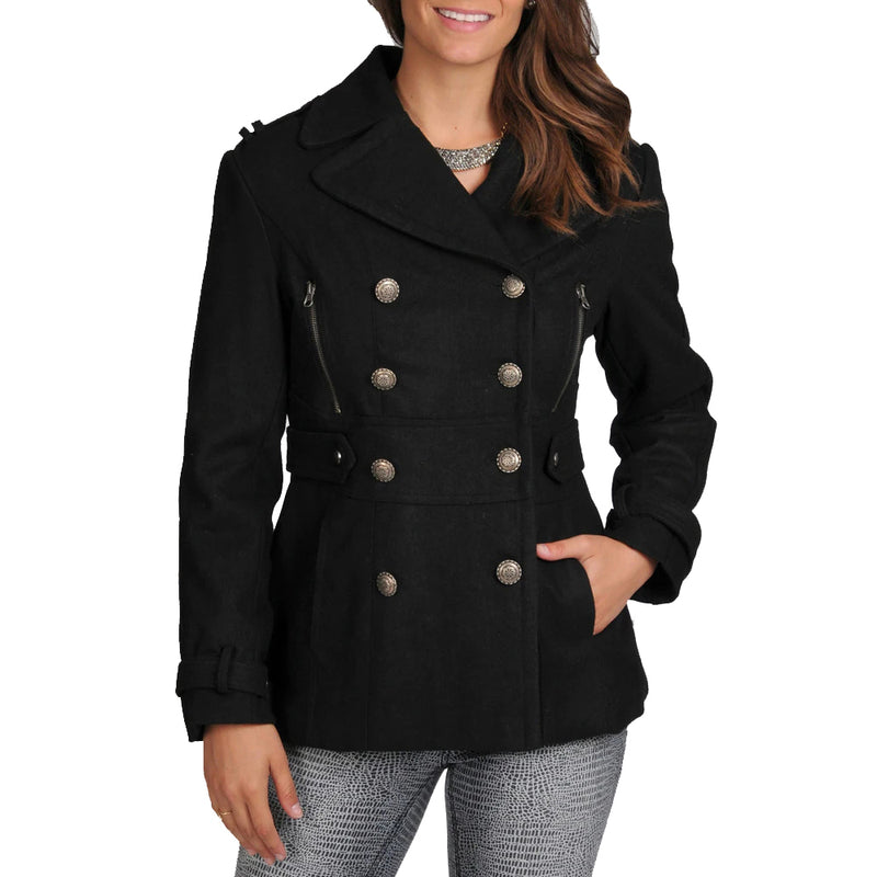 Women's Wool Blend Double Breasted Peacoat with Waist Tab Detail