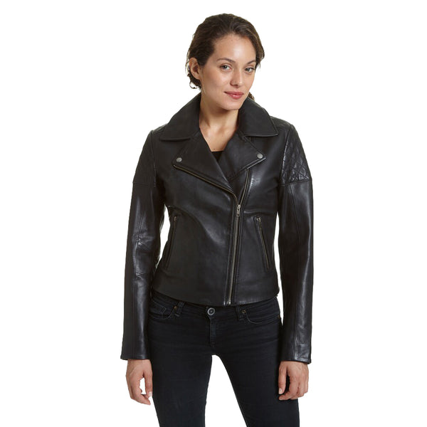 Women's Moto Leather Jacket with Asymmetrical Notch Collar