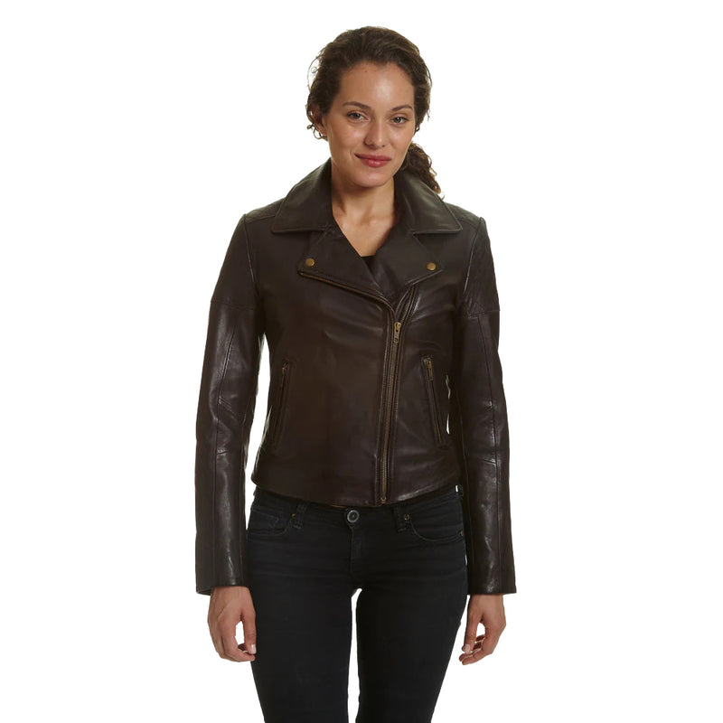 Women's Moto Leather Jacket with Asymmetrical Notch Collar