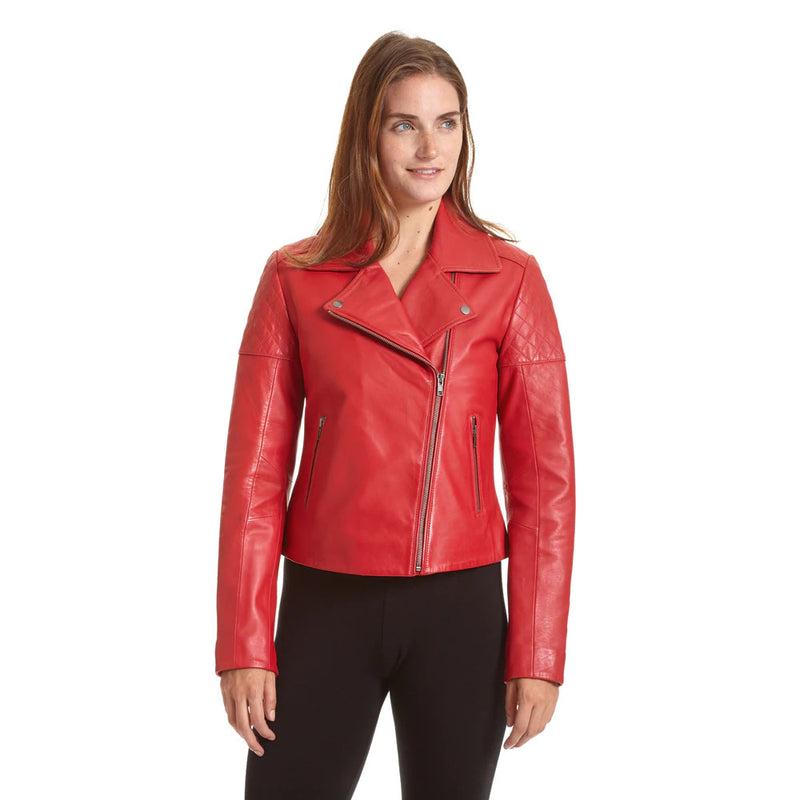 Women's Moto Leather Jacket with Asymmetrical Notch Collar