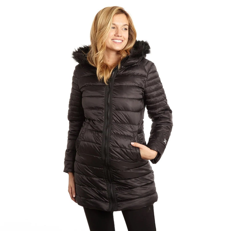 Women's Puffer Coat with Attached Faux Fur Trim Hood