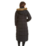 Women's Full Length Quilted Puffer City Coat with Attached Faux Fur Trim Hood