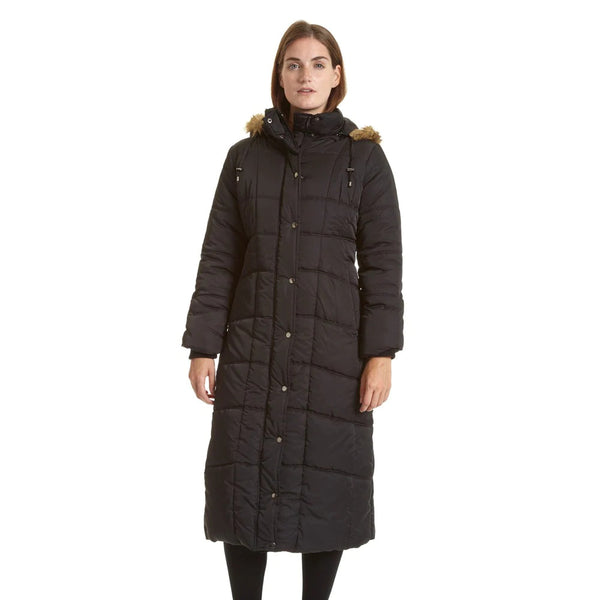 Women's Full Length Quilted Puffer City Coat with Attached Faux Fur Trim Hood