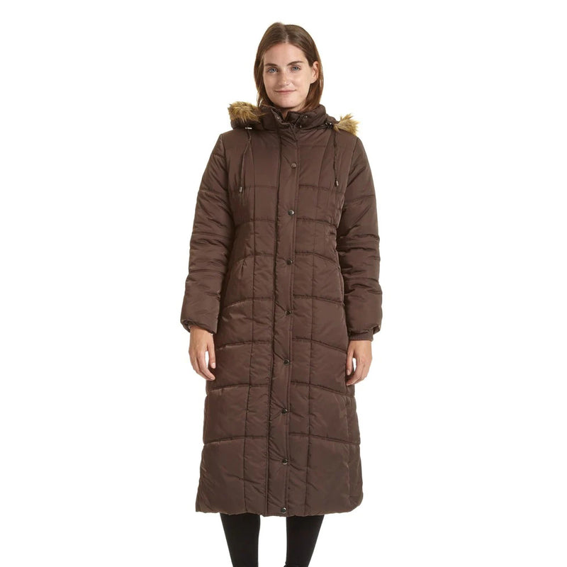 Women's Full Length Quilted Puffer City Coat with Attached Faux Fur Trim Hood