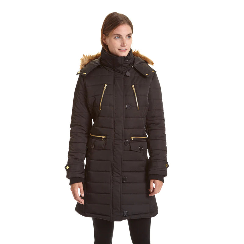 Women's Long Puffer Jacket with Faux Fur Hood