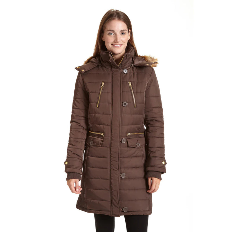 Women's Long Puffer Jacket with Faux Fur Hood